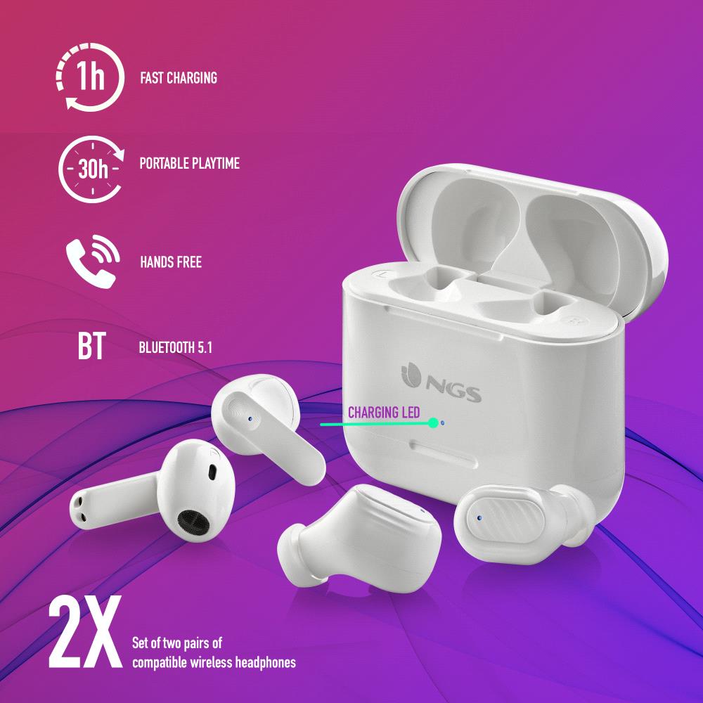 NGS ARTICA DUO WHITE: 2 pares de auriculares sem fios compatíveis com a  tecnologia TWS e BT. 30 horas de autonomia - Sensor de Touch. Cor branco -  NGS